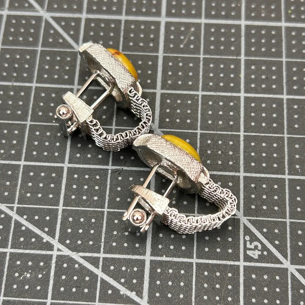 Swank Vintage Mens Wrap Mesh Cufflinks Tie‎ Tack Set Silver Tone Yellow Cabochon